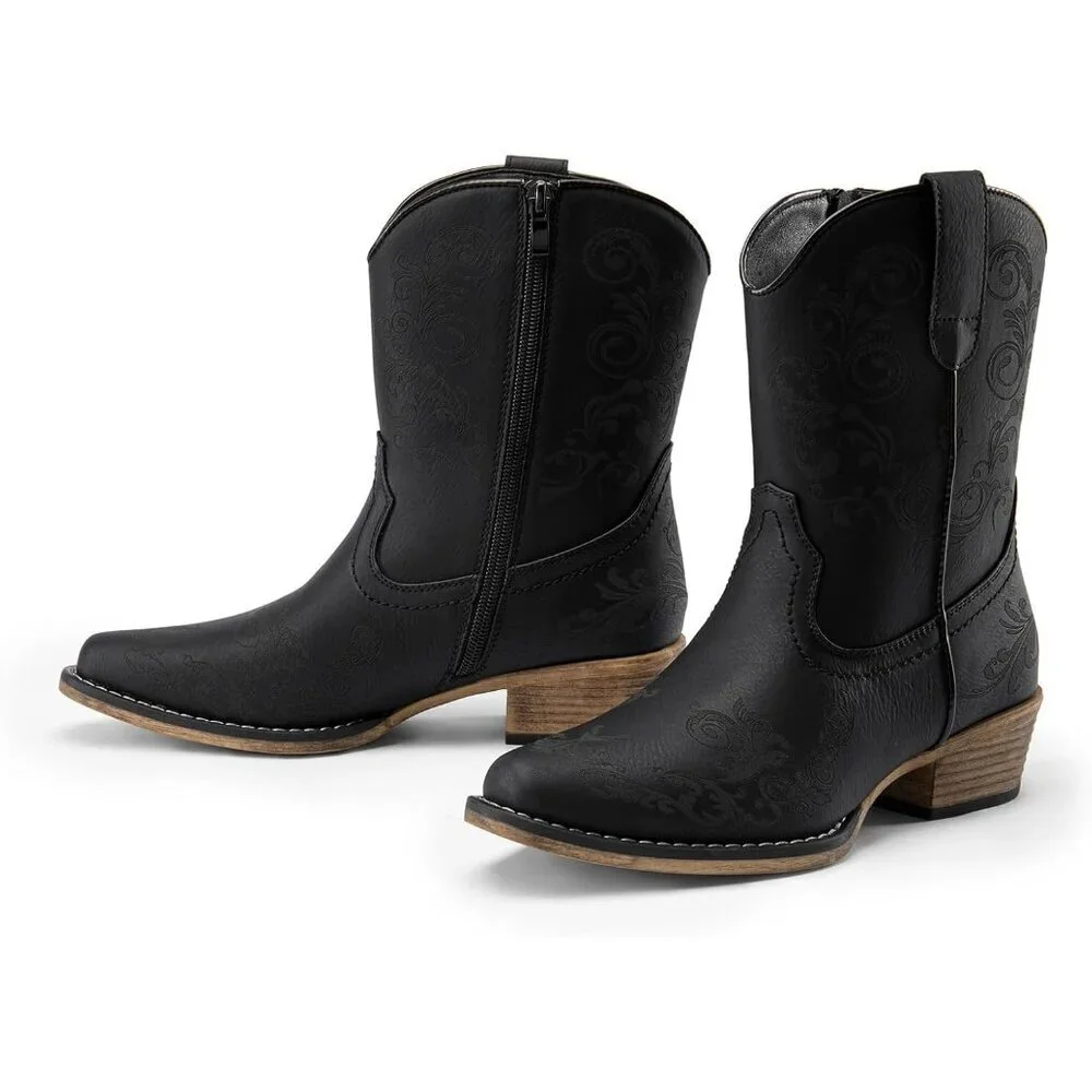 Womens Black Western Cowboy Cowgirl Ankle Boots Low Chunky Heels Square Toe - Picture 6 of 7